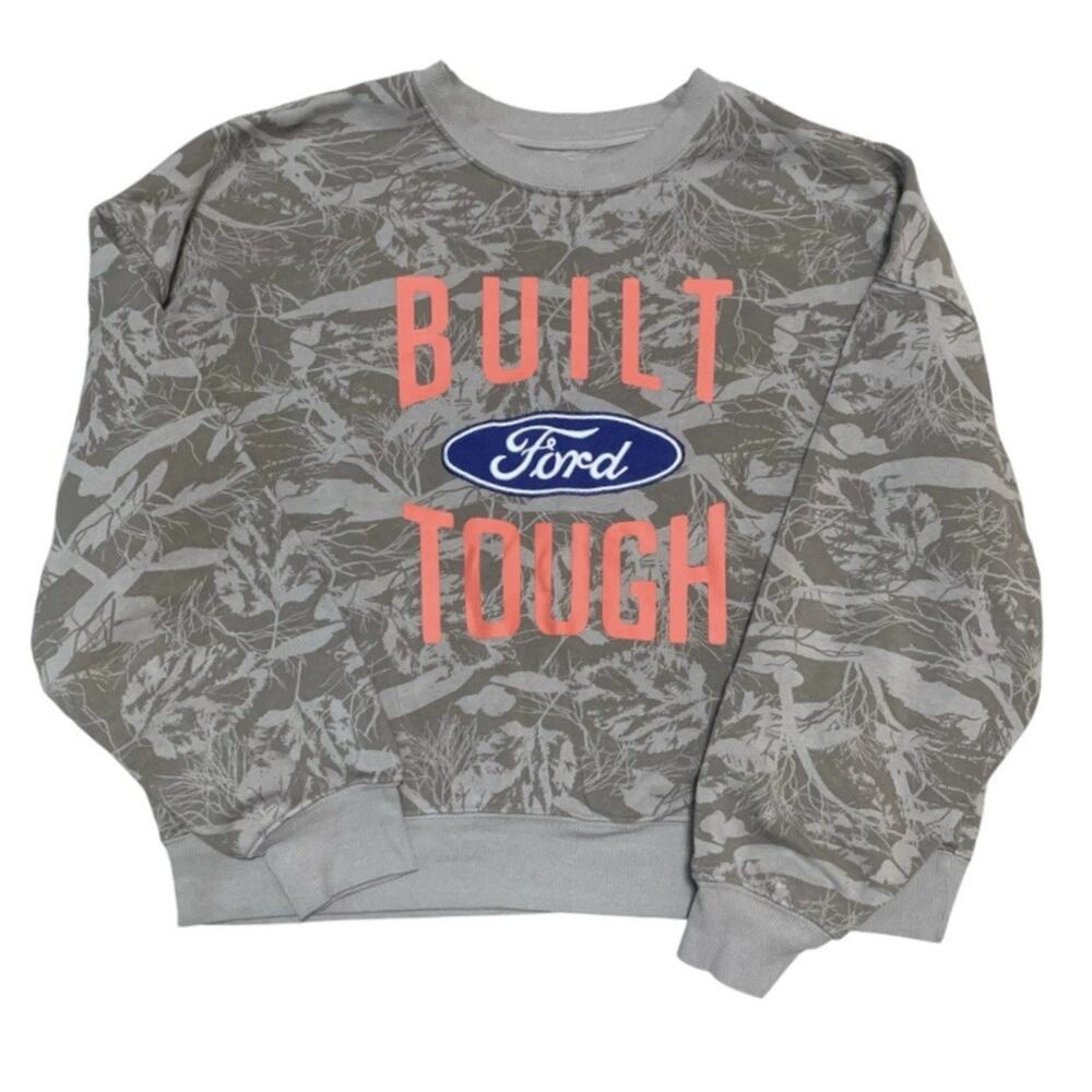 Ford Built Tough Womenās Large Tan Camo Oversized Crewneck Sweatshirt